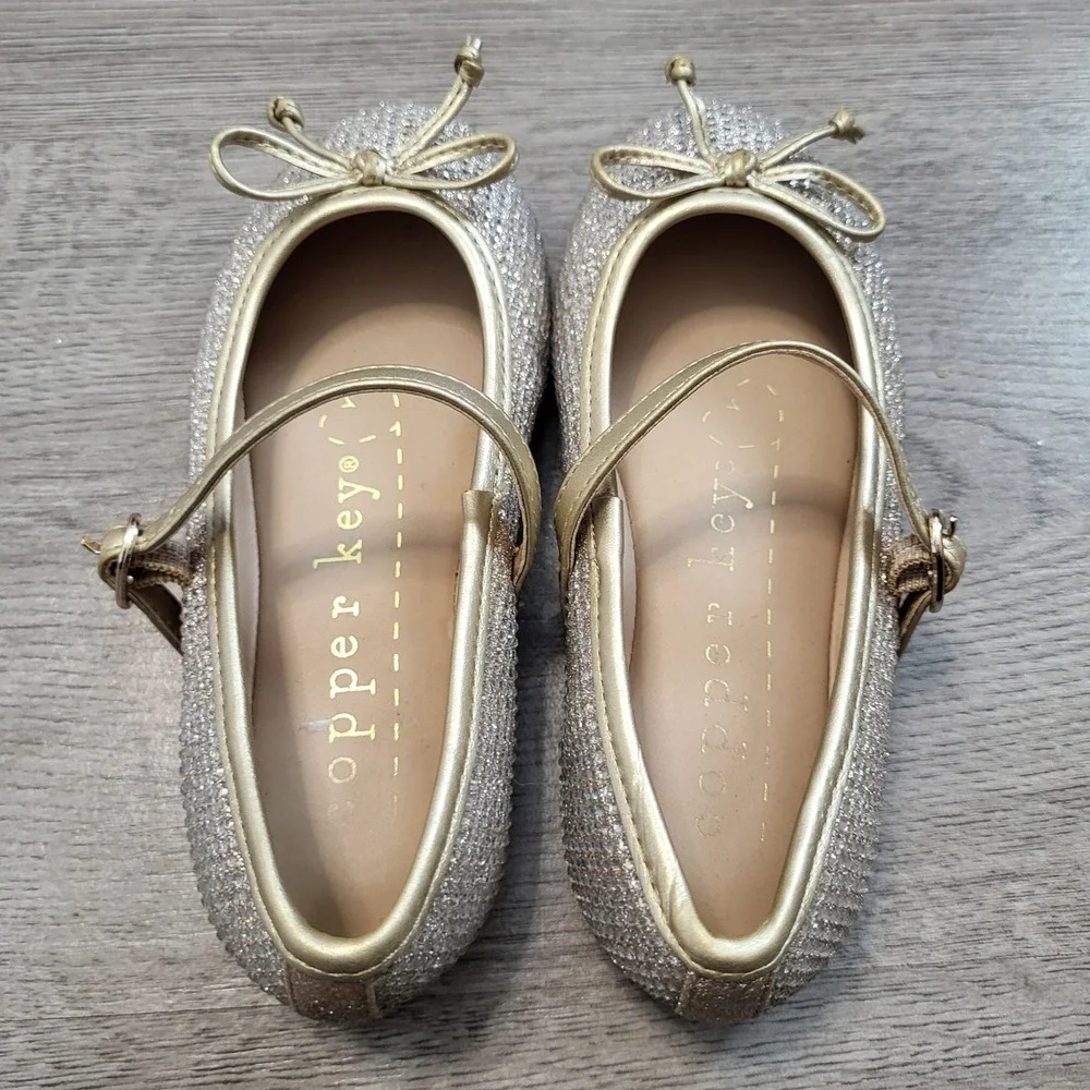 Copper Key MIA Girls Gold Rhinestone Mary‎ Jane Bow Dress Shoes Sparkly Flats 10